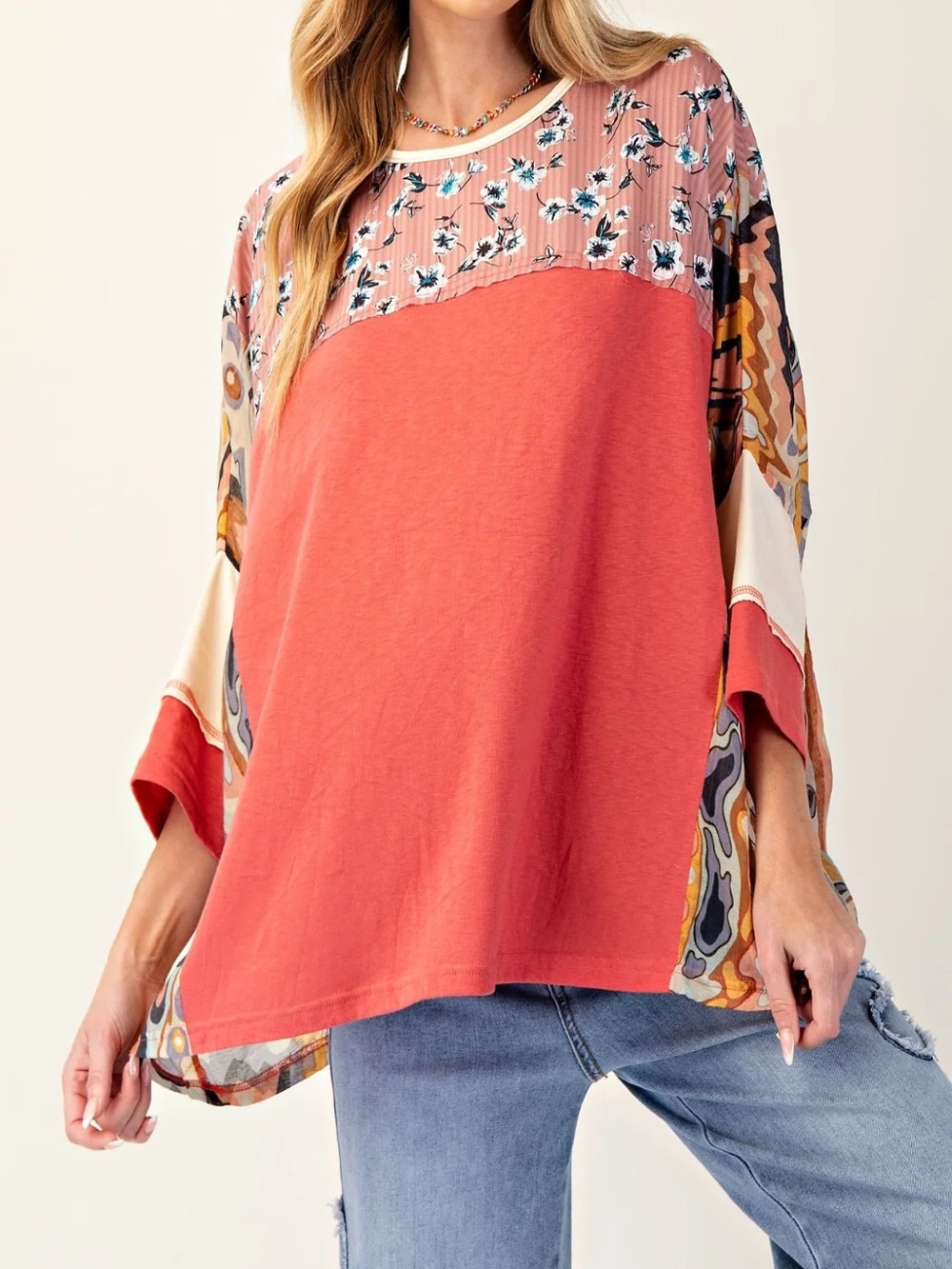 EASEL Hypnotized Mixed Print Cotton Jersey Top Pink Boho Floral size L